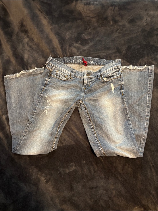 Guess Denim - Vintage Guess Women's Faded Light Blue Bootcut Jeans with Distressed Details